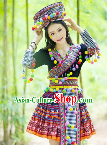 Photography Clothing Top Quality Miao Ethnic Women Short Dress China Embroidered Top and Skirt and Hat Miao Nationality Clothes