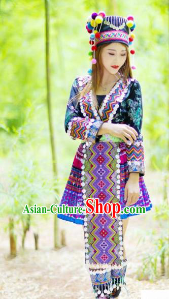 Top Quality Yunnan Mengzi Clothing China Miao Ethnic Women Short Dress Embroidered Blouse and Skirt and Hat