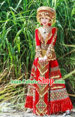 China Yunnan Yao Minority Wedding Clothing Ethnic Nationality Bride Costumes with Headdress Top Quality Tassel Blouse and Red Skirt Full Set