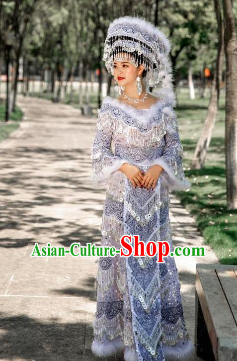 Top Quality China Yunnan Miao Female Clothing Photography Ethnic Minority White Long Dress and Headwear