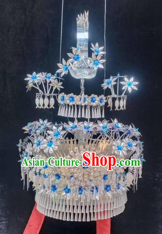 Chinese Miao Ethnic Wedding Bride Phoenix Hat Minority Folk Dance Hair Accessories Traditional Blue Beads Headdress