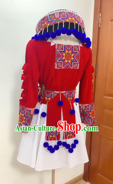 China Yao Ethnic Women Costumes Yunnan Minority Folk Dance Clothing Nationality Stage Performance Dress and Hat