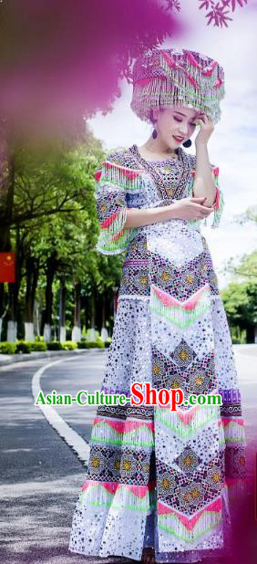 Top China Miao Ethnic Women Costumes Yunnan Minority Nationality Folk Dance Clothing Stage Performance Blouse and Long Skirt With Hat