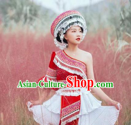 China Guizhou Miao Ethnic Female Costumes Minority Nationality Photography Clothing Miao People Red Blouse and Short Skirt with Tassel Round Hat