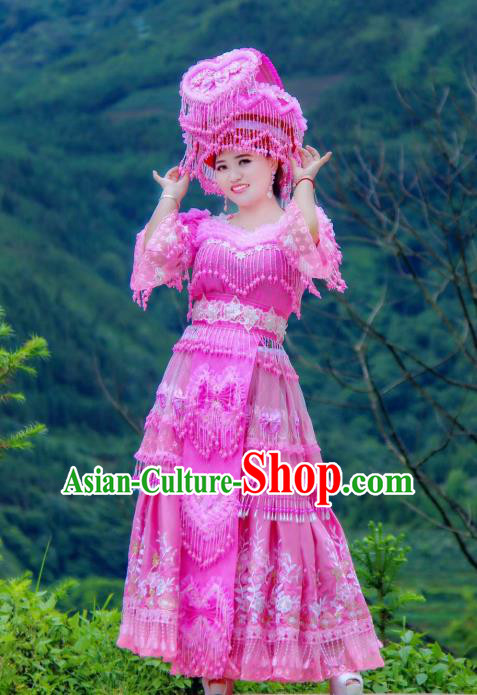 China Guangxi Yao Minority Bride Rosy Blouse and Long Skirt with Hat Miao Ethnic Nationality Female Photography Costumes Wedding Clothing