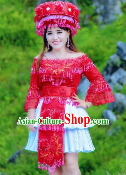 China Ethnic Folk Dance Red Blouse and Short Skirt Miao Ethnic Nationality Bride Costumes with Red Hat