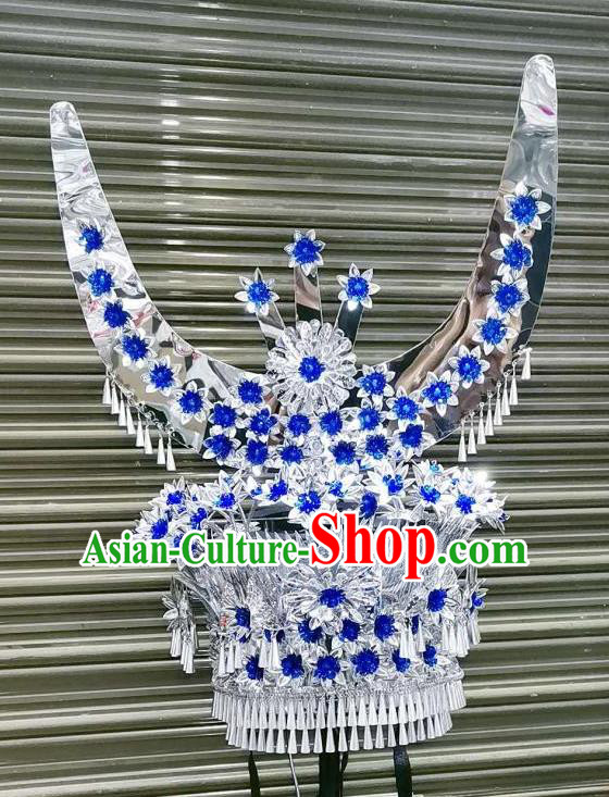 Chinese Ethnic Wedding Royalblue Flowers Hat Traditional Minority Women Folk Dance Hair Accessories Guizhou Miao Nationality Headdress