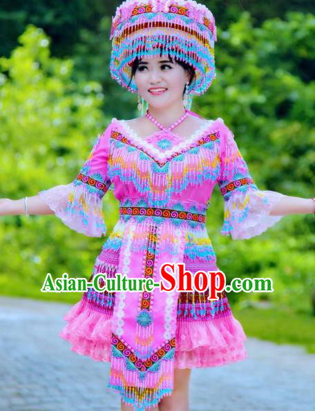 China Miao Ethnic Clothing Rosy Blouse and Short Skirt Miao Nationality Folk Dance Fashion Costumes with Hat