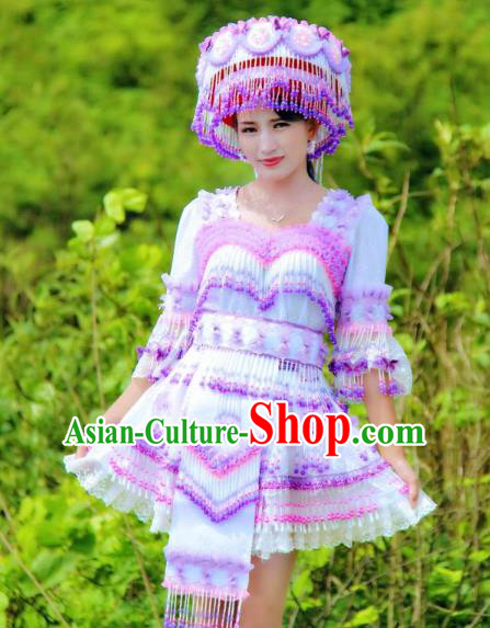 China Miao Ethnic Folk Dance Clothing with Hat Miao Nationality Women Fashion Costumes Lilac Beads Tassel Blouse and Short Skirt