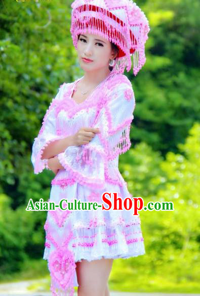 China Ethnic Women Pink Beads Tassel Blouse and Short Skirt Folk Dance Clothing Miao Nationality Fashion Costumes with Hat