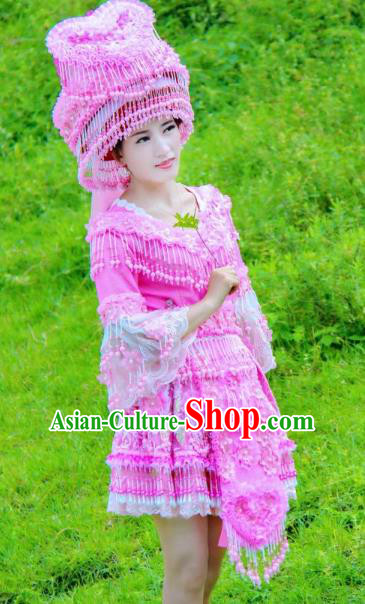 Top Quality China Ethnic Rosy Blouse and Short Skirt Miao Nationality Folk Dance Clothing Fashion with Headdress