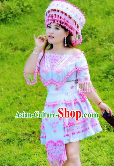 Top Quality China Guizhou Ethnic Light Blue Blouse and Short Skirt Fashion with Headdress Miao Nationality Folk Dance Clothing