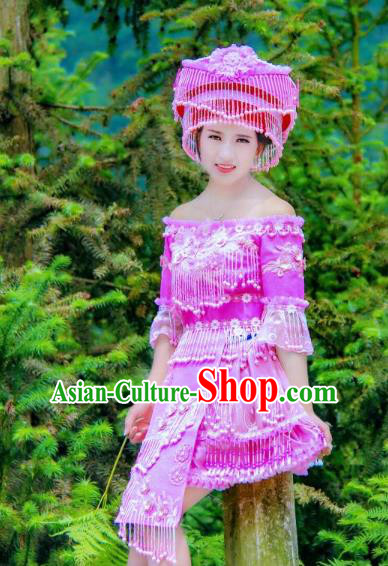 Top Quality China Minority Fashion with Headdress Miao Nationality Folk Dance Clothing Liangshan Ethnic Purple Blouse and Short Skirt