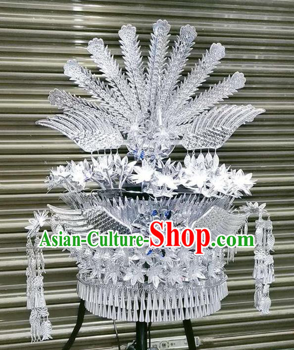 Chinese Miao Ethnic Hair Accessories Traditional Minority Women Folk Dance Headdress Wedding Argent Phoenix Hat