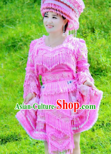 China Yunshan Miao People Fashion with Headdress Top Quality Miao Nationality Female Clothing Ethnic Rosy Blouse and Short Skirt Minority Dance Outfits