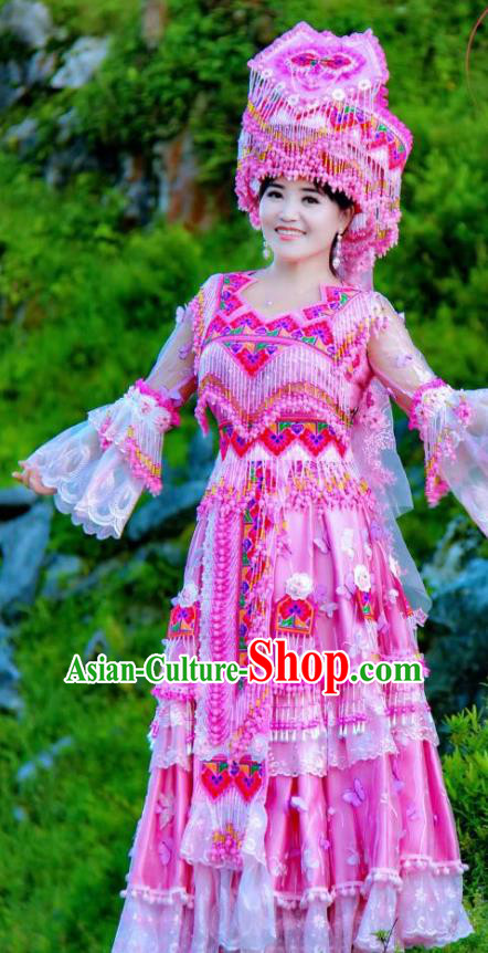 China Guizhou Miao Ethnic Wedding Fashion Top Quality Miao Nationality Bride Clothing Minority Rosy Dresses with Headdress