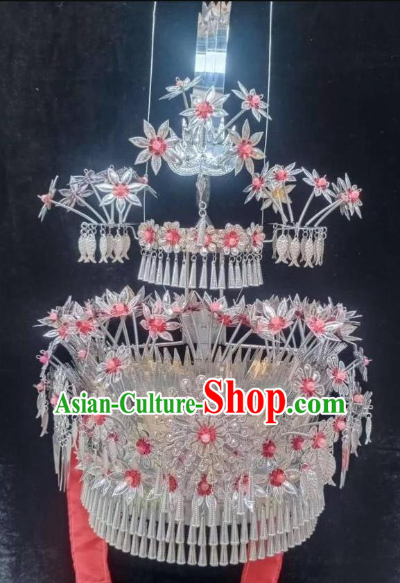 Chinese Traditional Minority Folk Dance Headdress Miao Ethnic Wedding Red Beads Flowers Phoenix Hat Bride Hair Accessories