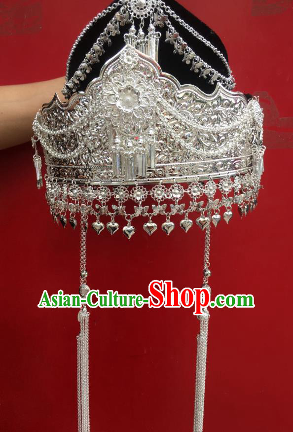 Chinese Miao Ethnic Wedding Silver Hat Minority Traditional Nationality Headdress Folk Dance Hair Accessories