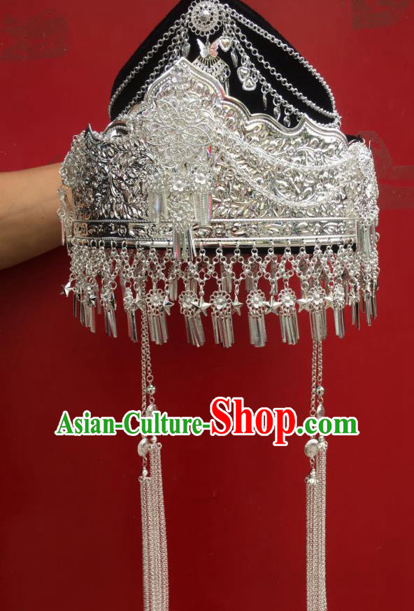 Chinese Nationality Bride Headdress Traditional Minority Headwear Miao Ethnic Wedding Argent Stars Tassel Hat