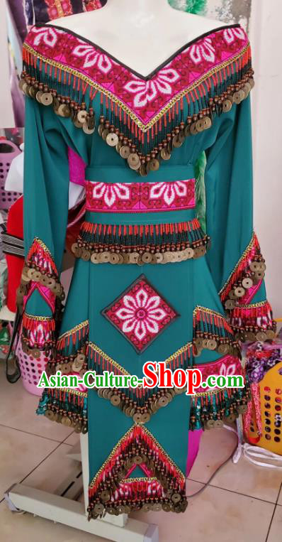 China Folk Dance Green Dress with Hat Guizhou Miao Nationality Fashion Top Quality Ethnic Photography Clothing