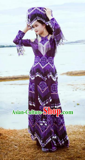 Top Quality Ethnic Fashion China Folk Dance Purple Dress Guizhou Miao Nationality Photography Clothing with Hat