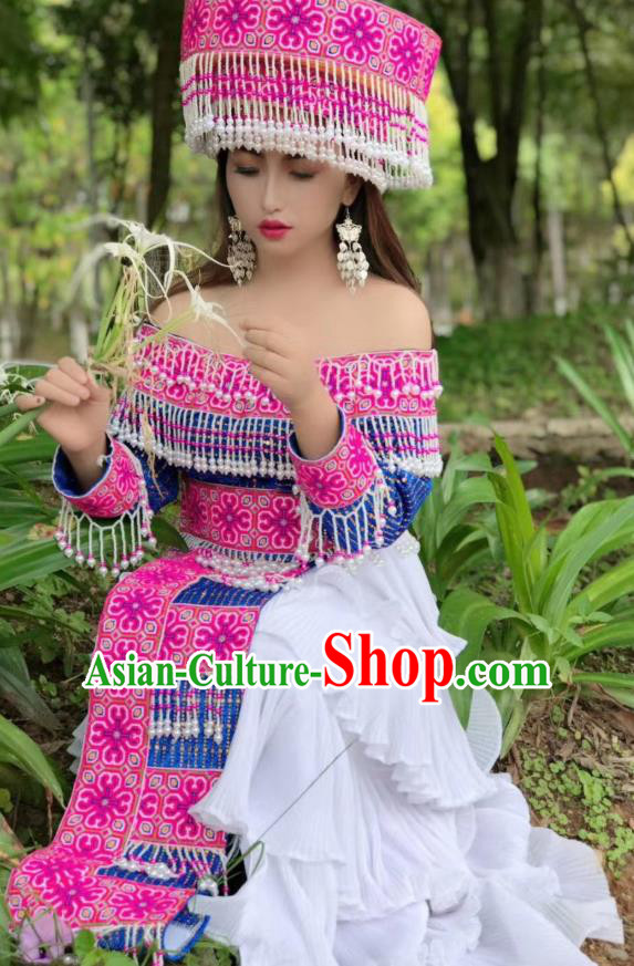 China Miao Ethnic Wedding Dress Embroidered Costumes Top Quality Miao Nationality Fashion Minority Bride Dress and Rosy Headwear