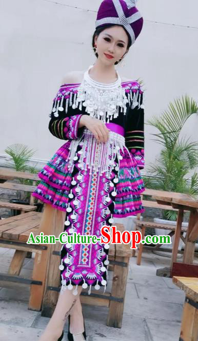 China Yunnan Minority Dance Dress Yi Ethnic Nationality Female Embroidered Costumes and Hat