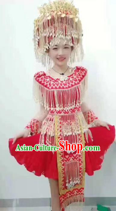 China Sichuan Ethnic Red Blouse and Short Skirt Nationality Folk Dance Costumes Minority Women Clothing with Headdress