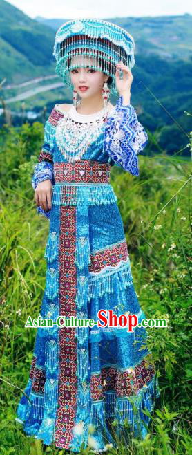 China Wenshan Miao Ethnic Festival Women Blue Dress Folk Dance Costumes Yunnan Minority Celebration Clothing and Hat