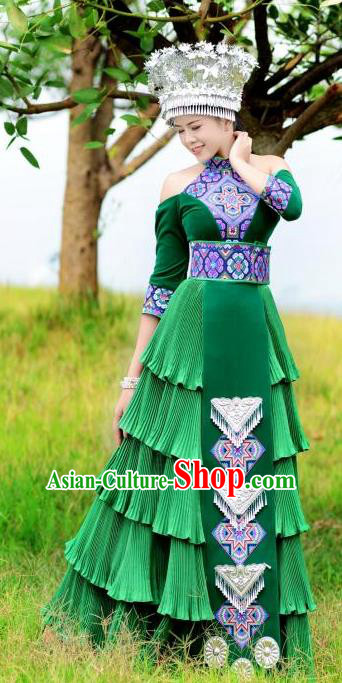 Quality China Miao Ethnic Women Apparels Festival Celebration Green Dress Yunnan Minority Folk Dance Clothing and Headwear