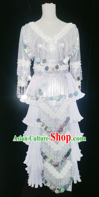 Ethnic Fashion China Miao Nationality Argent Sequins Clothing and Headwear Minority Women Folk Dance Costumes