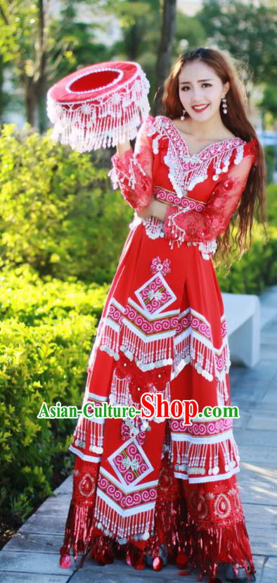 Yunnan Miao Minority Bride Red Long Dress Traditional Festival Celebration Costumes China Ethnic Wedding Women Apparels and Headdress