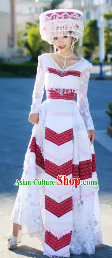 Yunnan Minority Bride White Long Dress Traditional Festival Celebration Costumes China Miao Ethnic Wedding Women Apparels and Headwear