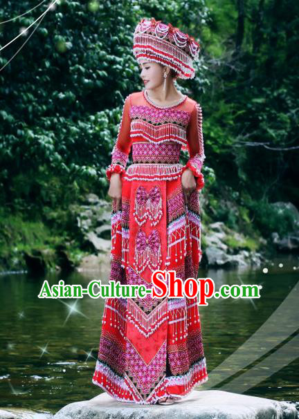 Guizhou Minority Folk Dance Red Long Dress Traditional Wedding Women Costumes China Miao Ethnic Bride Apparels and Hat