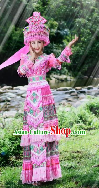 Sichuan Yao Minority Folk Dance Pink Long Dress Traditional Miao Ethnic Wedding Costumes China Women Apparels and Headdress