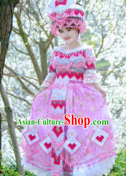 China Yunnan Ethnic Women Fashion Minority Bride Clothing Miao Nationality Wedding Pink Blouse and Long Skirt with Headdress