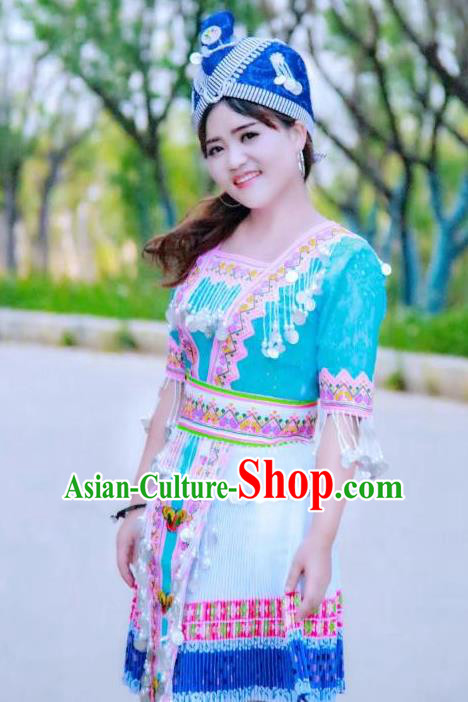 China Ethnic Apparels Miao Minority Blue Blouse and Short Pleated Skirt Traditional Nationality Women Costumes Folk Dance Clothing and Hat