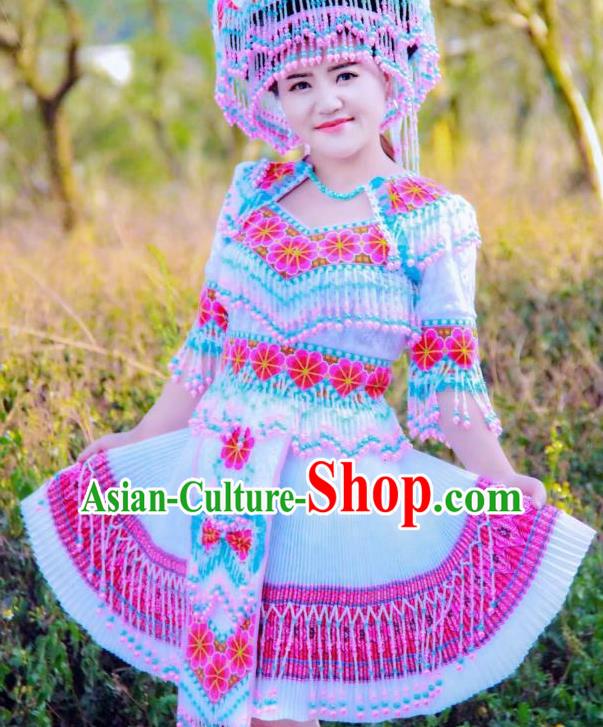 China Miao Ethnic Beads Tassel Apparels Traditional Nationality Folk Dance Costumes Yunnan Minority Women Short Dress and Headpiece