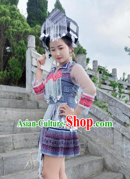 China Xiangxi Ethnic Women Apparels Traditional Miao Nationality Costumes Minority Folk Dance Short Dress and Headwear