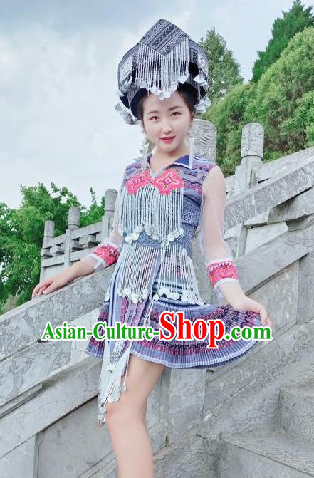 China Xiangxi Ethnic Women Apparels Traditional Miao Nationality Costumes Minority Folk Dance Short Dress and Headwear