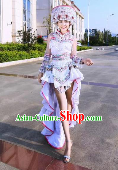 China Ethnic Folk Dance Apparels Traditional Miao Nationality Stage Performance Costumes Minority Women White Dress and Headpiece