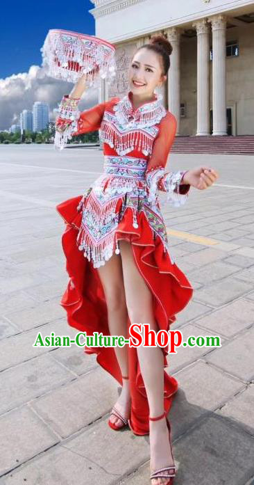 China Minority Women Red Dress Ethnic Folk Dance Apparels Traditional Miao Nationality Stage Performance Costumes and Headpiece