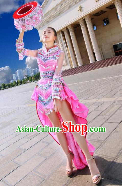China Miao Nationality Stage Performance Costumes Minority Women Pink Dress Traditional Ethnic Folk Dance Apparels and Hat