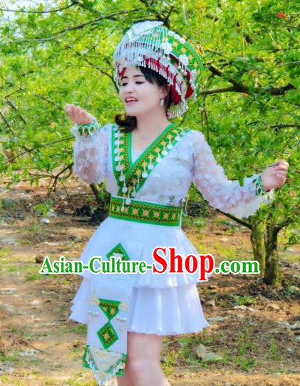 China Nationality White Blouse and Short Skirt Miao Minority Dance Clothing Ethnic Women Fashion and Hat