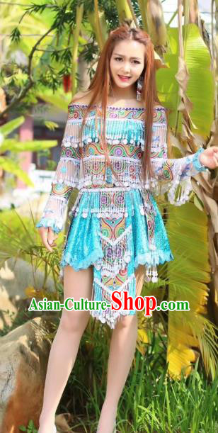 China Nationality Folk Dance Clothing Off Shoulder Blouse and Short Skirt Miao Minority Ethnic Women Stage Performance Costumes