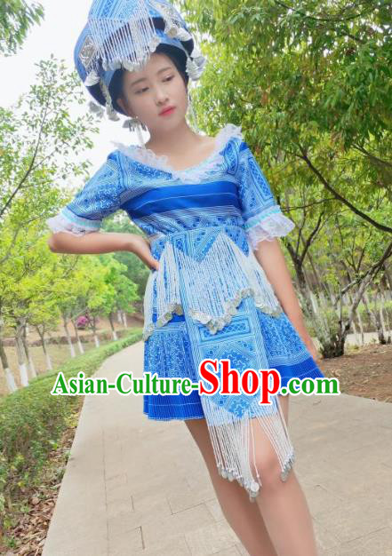 China Traditional Ethnic Folk Dance Apparels Miao Nationality Stage Performance Costumes Minority Women Blue Short Dress and Hat