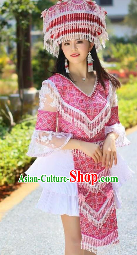 Travel Photography Ethnic Costumes China Miao Nationality Clothing Rosy Blouse and Short Skirt with Headwear