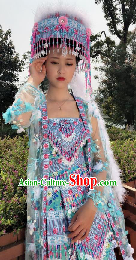 China Yunnan Minority Costumes Traditional Ethnic Folk Dance Apparels Miao Nationality Outer Wear and Short Dress and Hat