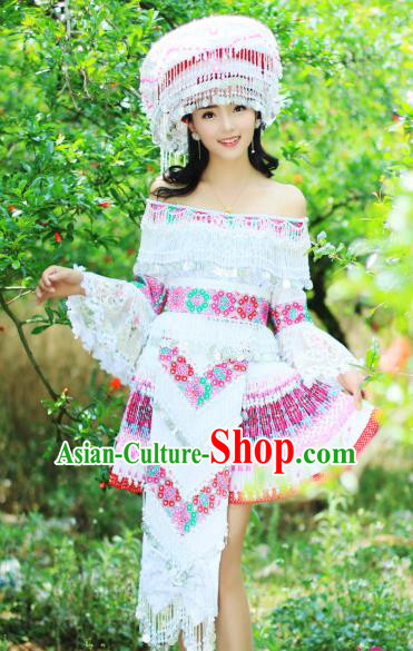 China Wenshan Miao Minority Costumes Traditional Yunnan Ethnic Folk Dance Apparels Nationality White Short Dress and Headwear