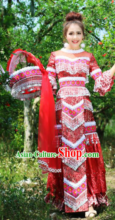 China Yunnan Minority Costumes Traditional Miao Ethnic Folk Dance Apparels Nationality Bride Wedding Red Dress and Headdress